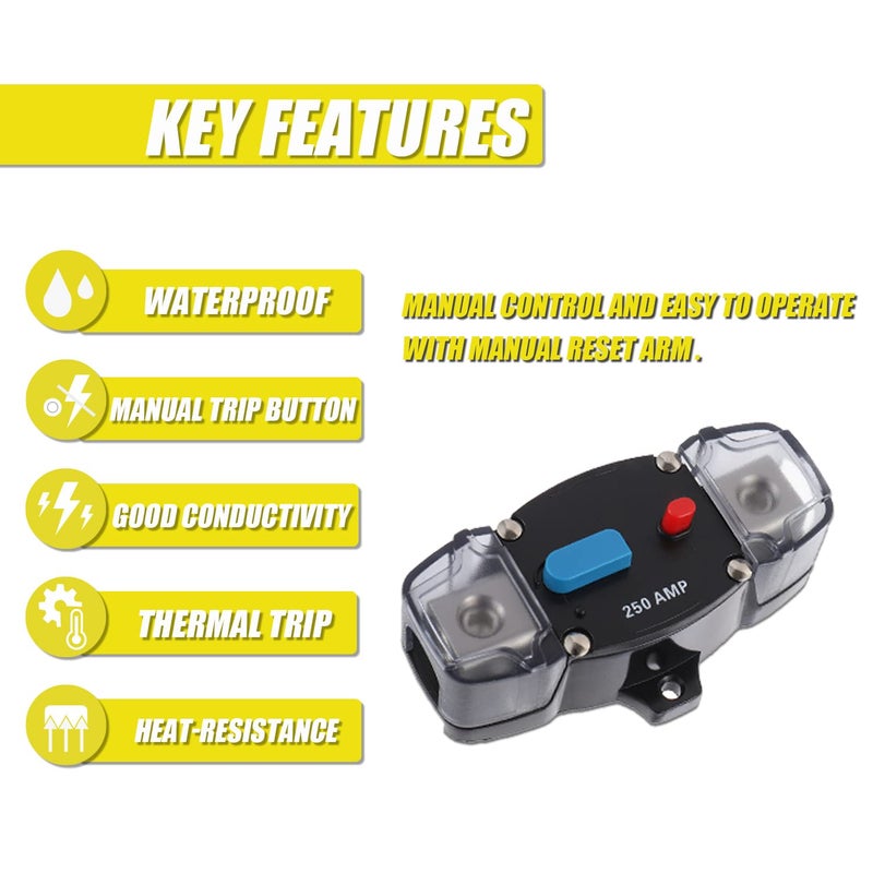 EPLZON 250A 12-48 Volt DC Self Recovery Circuit Breaker with Manual Reset Button for Automotive Rv Marine Boat (250Amp) - Image 3